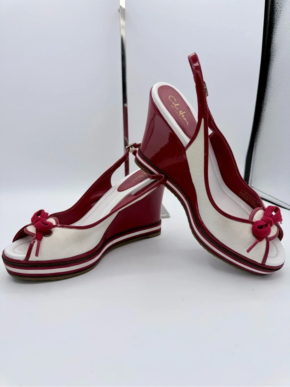 Cole Haan G Series Nike Air Wedge Sandals Canvas Patent Bow 8B